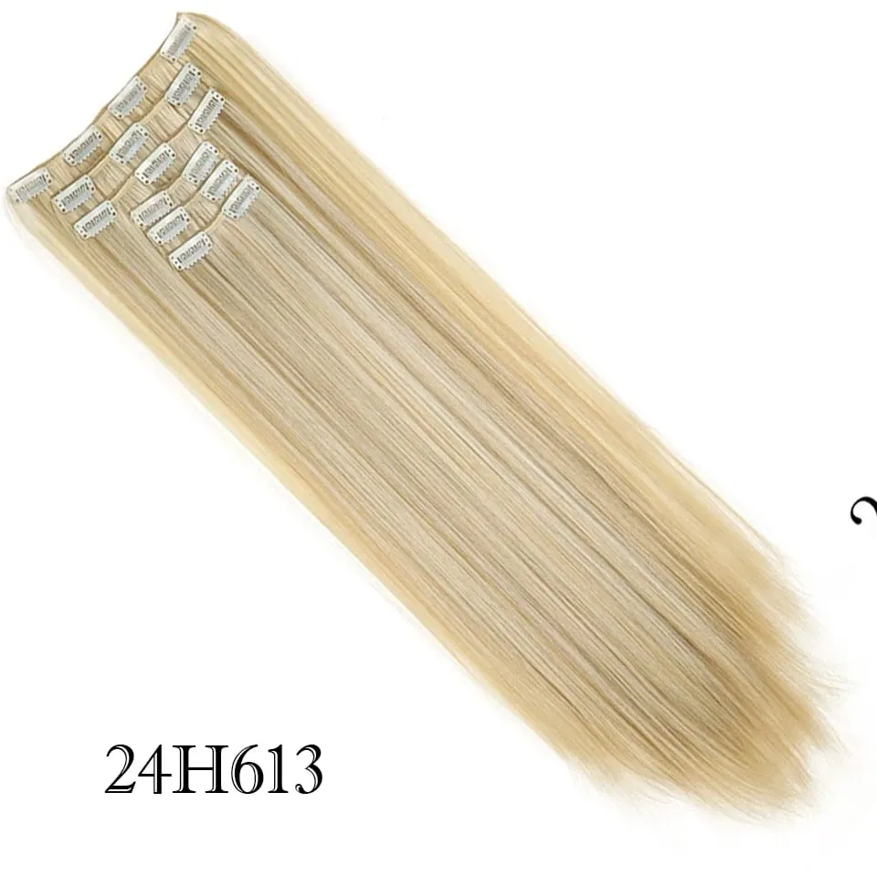 6Pcs/Set Clip In Hair Extension Synthetic Highlights Blonde Long Straight Hairpiece Full Head Thick Hairpieces for Women Girls