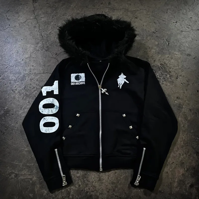 American Retro Rock Gothic Graphic Fur Collar Loose Zipper Sweatshirt Men's Y2K New Harajuku Punk Casual Joker Hoodie Streetwear — image 1