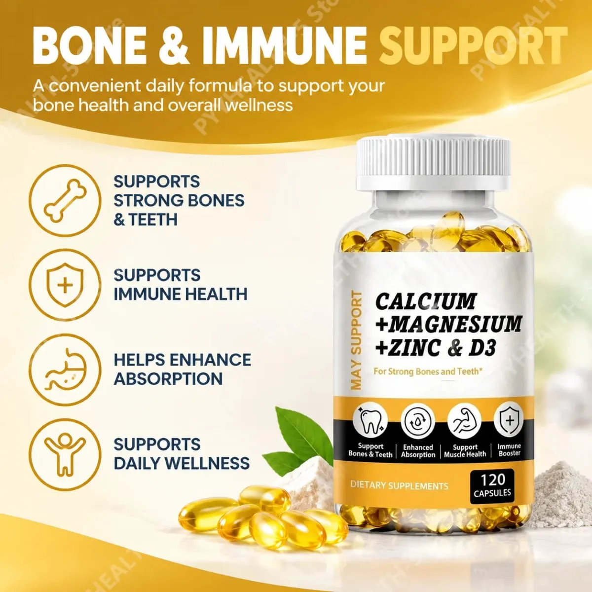 Calcium Magnesium Zinc Softgels Bone & Teeth Support Vitamin D3 Supplement Supports Muscle Health & Immune Function 120 Capsules