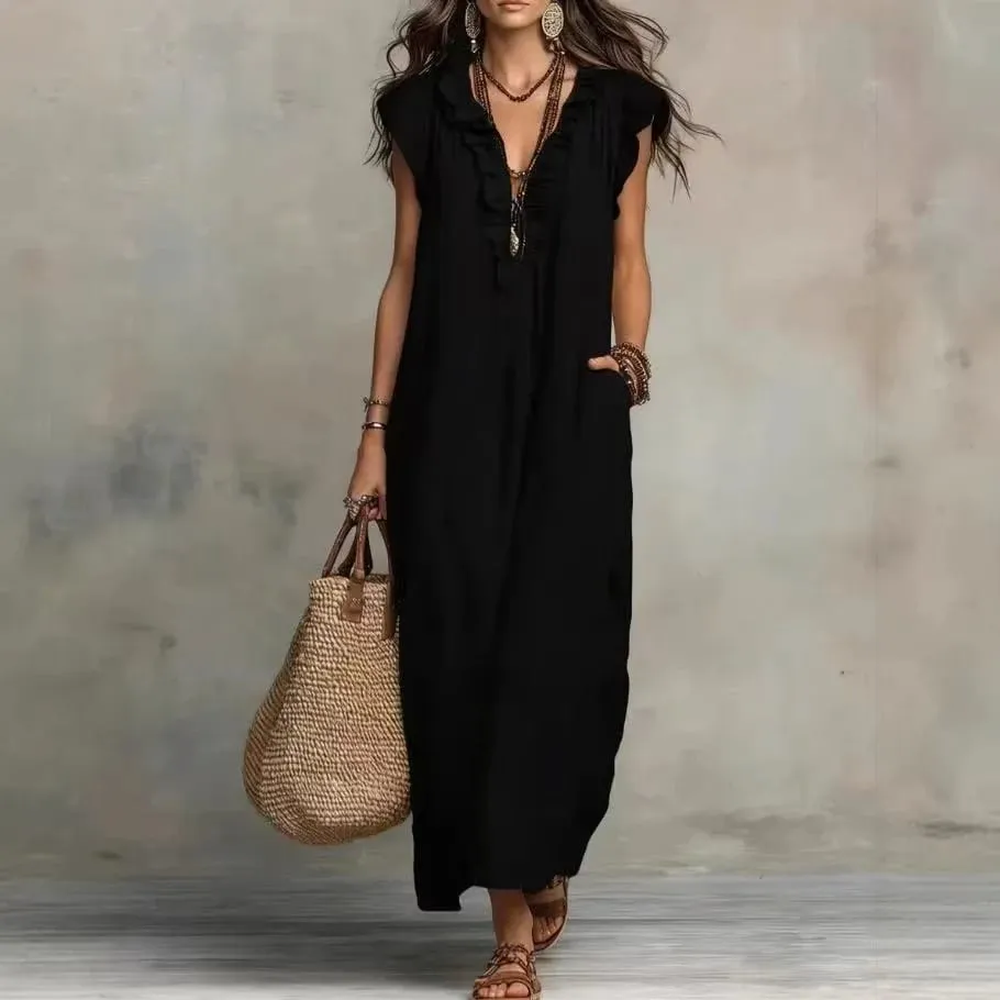 2026 Summer Women Boho Cotton Linen Maxi Dress Solid Color Ruffle V Neck Sleeveless Loose Long Dresses With Pockets Casual Beach — image 2