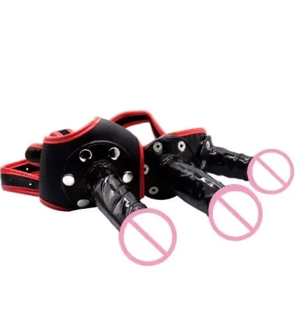 Three Headed Female Dildo Wearing Pants with Red Border Leather Detachable SM Pull-up Pants for Masturbation and Adult Sex Toys — image 2