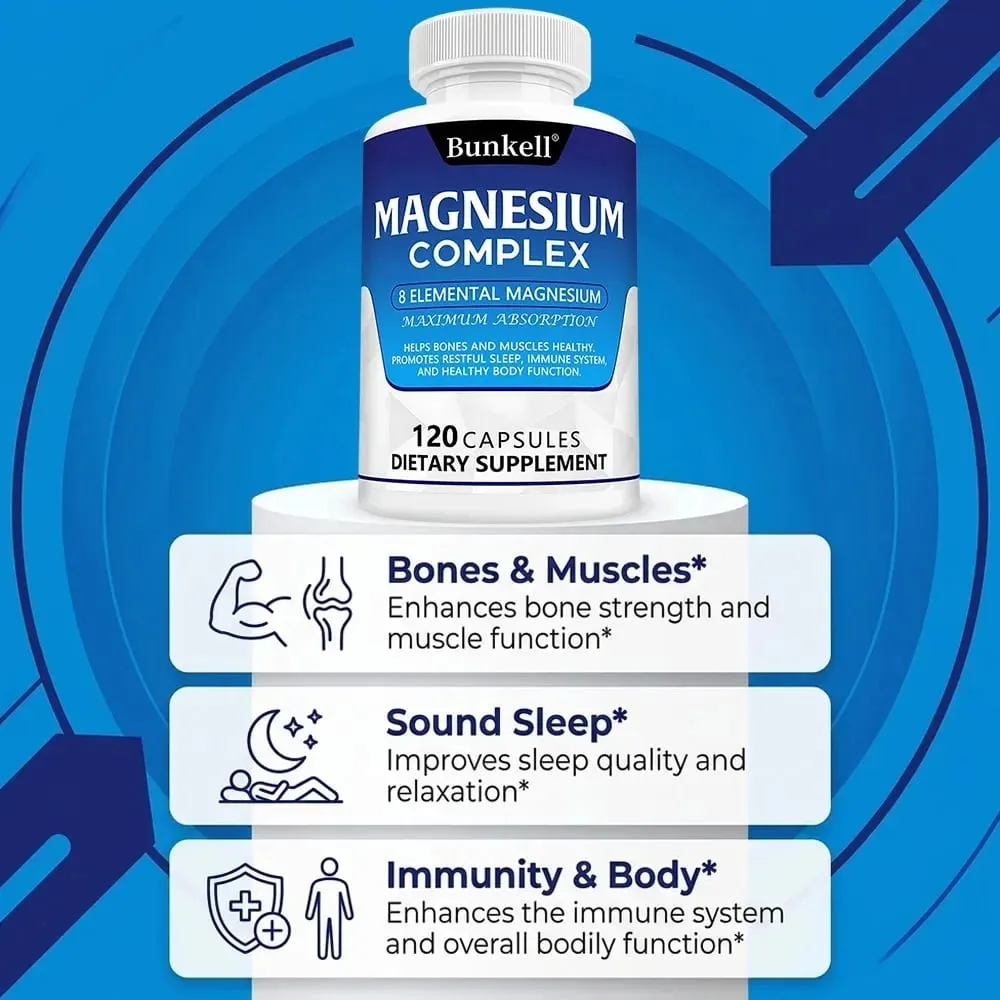 Magnesium Complex Supplement 8 Elemental 1000mg - for Bones Muscle Recovery Energy Vegan Non-GMO 120 Capsules