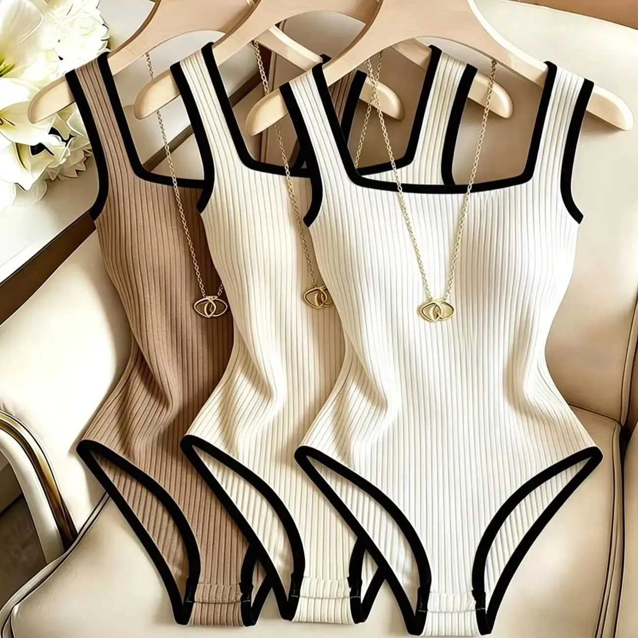 3pcs Women's Ribbed Bodysuit Set Fashionable Black Piped Square Neck Waist-Cinching Style Summer Nightlife Wear Elegant Beach Ou — image 11