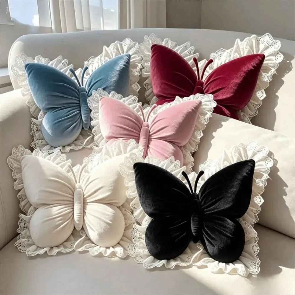 Decorative Cushion Velvet Butterfly Plush Pillow Lace Trim Soft Bow Plush Cushion New Plush Bow Throw Pillow Office — image 4