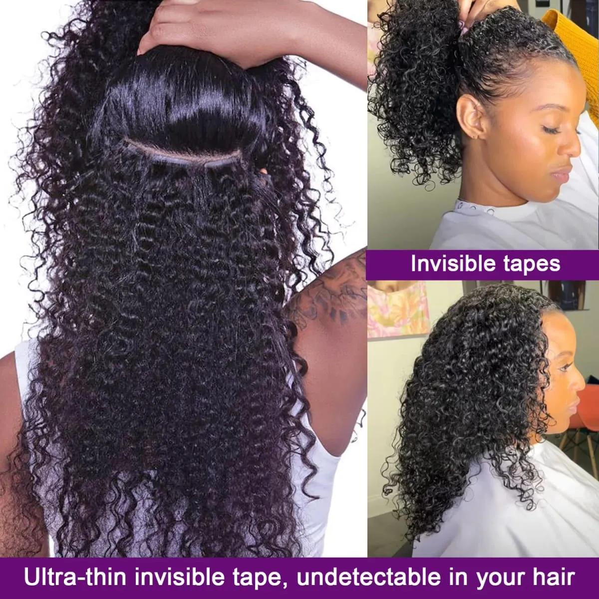 Tape in Hair Extensions Human Hair Deep Wave Brazilian 100% Curly Adhesive Tape in Extensions Human Hair Natural Black For Women