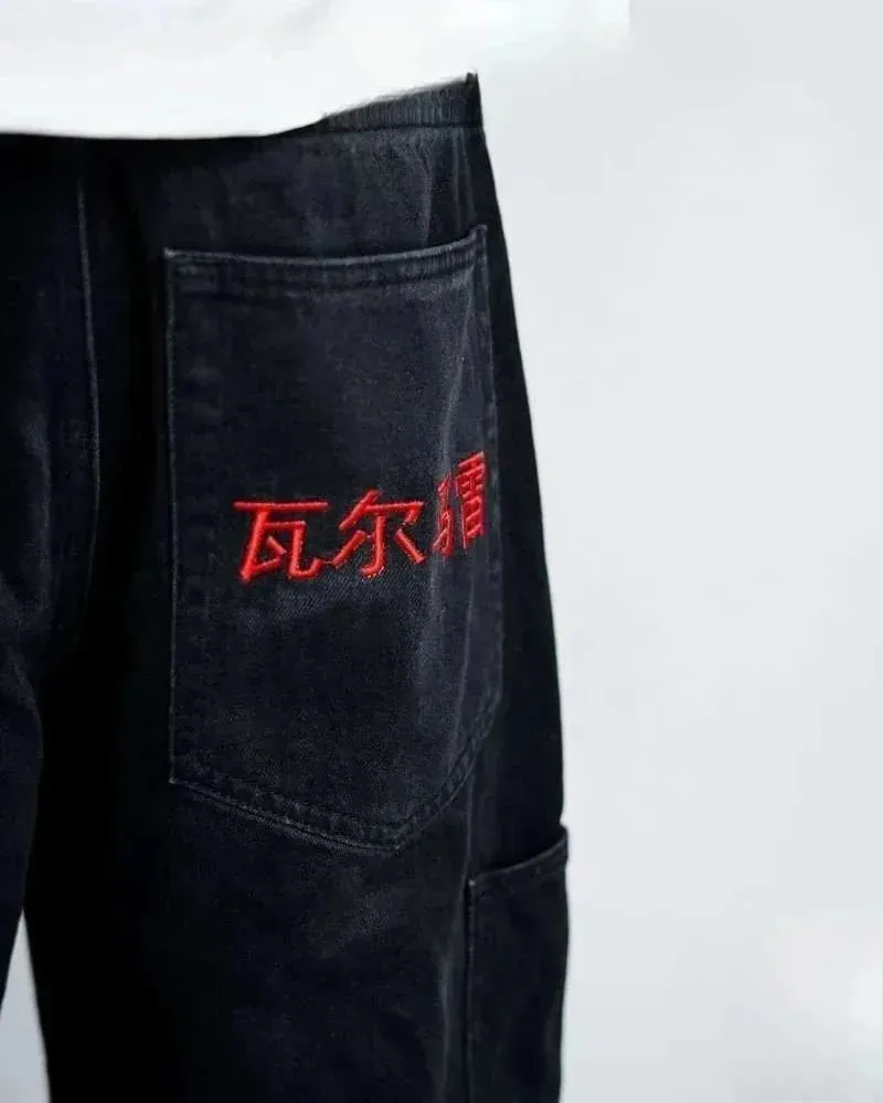 Y2K Baggy Jeans Dragon Graffiti Embroidery High Waist Men Women Vintage Streetwear 2000s Harajuku Casual Loose Wide Leg Jeans