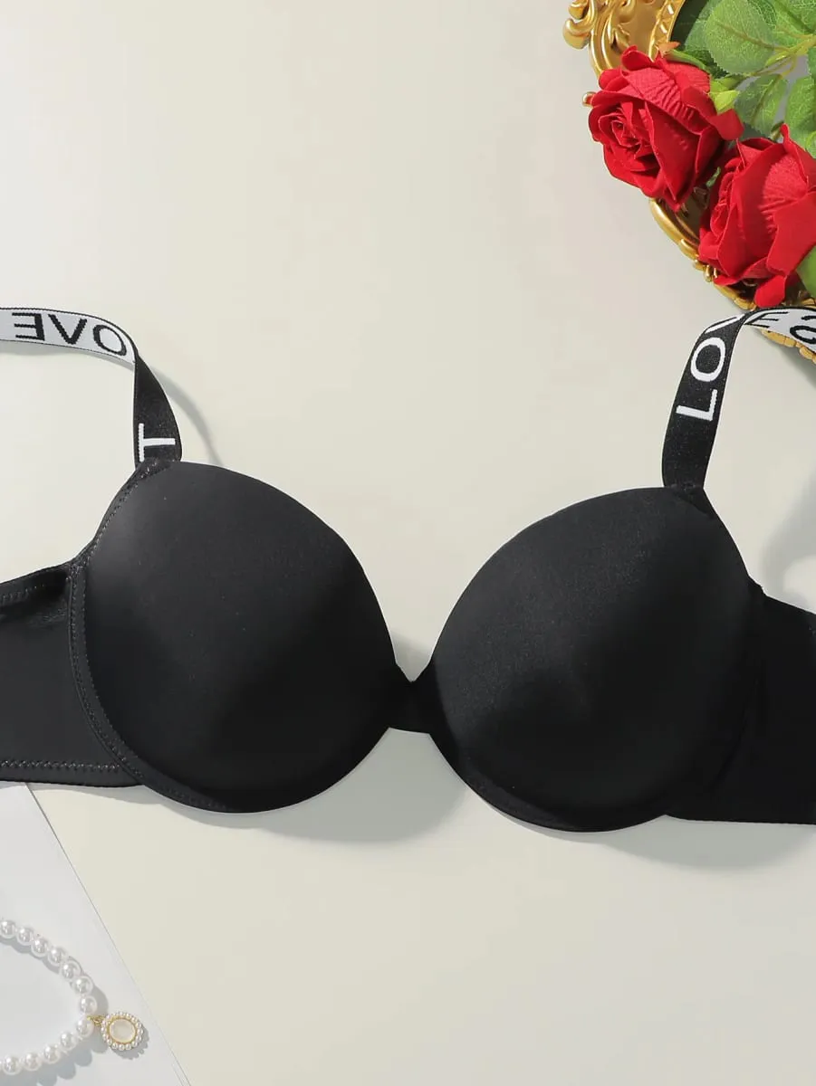 Viomisha Popular Sexy Letter Underwire Push Up Bra Lingerie Set for Women 2 Piece Solid Underwear Comfort Knit Strap