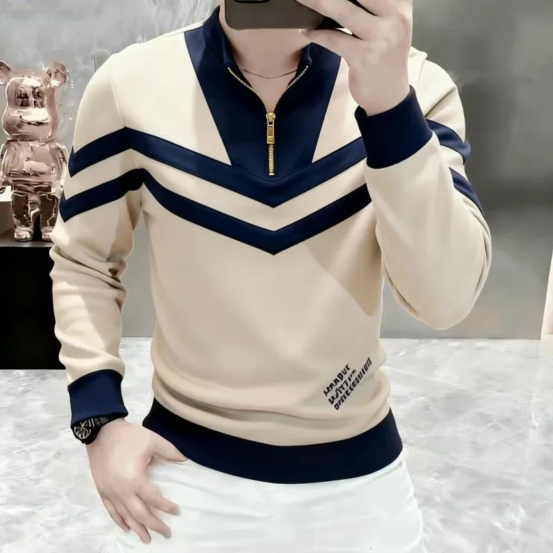 2026 Spring Luxury Stand Collar Sweatshirts Men's Trendy Splicing Hoodie Comfortable Versatile Casual Sweatshirts Men Clothing