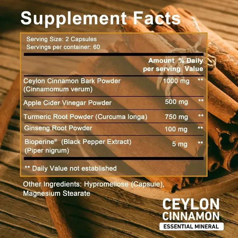 Organic Ceylon Cinnamon Capsules with Apple Cider Vinegar Turmeric Bioperine Supports Joint Brain Digestive & Heart Health