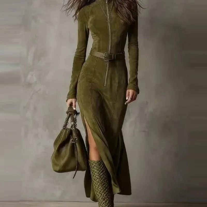 Casual O-neck Long Sleeve Suede Party Dress Elegant Side Split Solid Slim Long Dress Women Fashion With Belt Tie-Up Maxi Dress