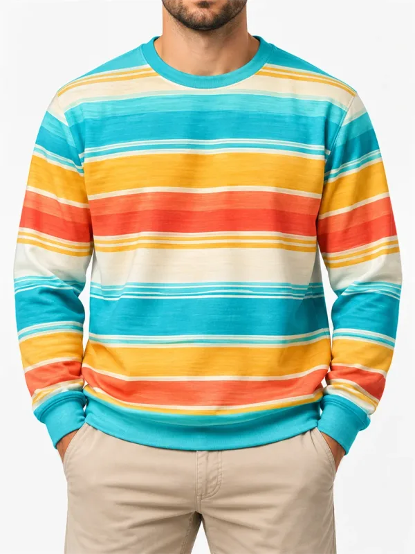 Moletom masculino listrado vintage, gola redonda, casual, manga comprida, pulôver, bloco de cores, outono, moda diária, top clássico