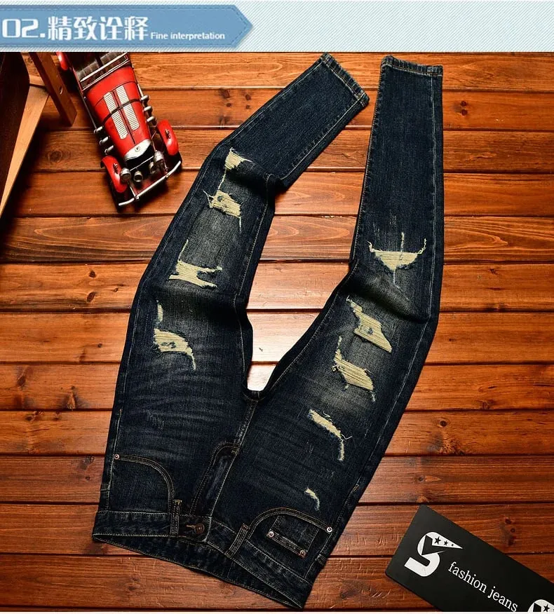 Street Designer Fashion Men Jeans Retro Washed Blue Stretch Slim Fit Ripped Jeans Men Y2K Vintage Casual Denim Pencil Pants