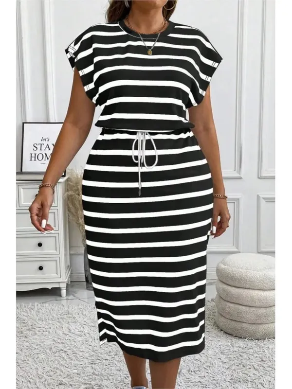 2025 Casual Striped Printed Short-sleeved Women's Dress Summer Fashion Cinched Waist Lace Up T Shirt Female Sports Dresses