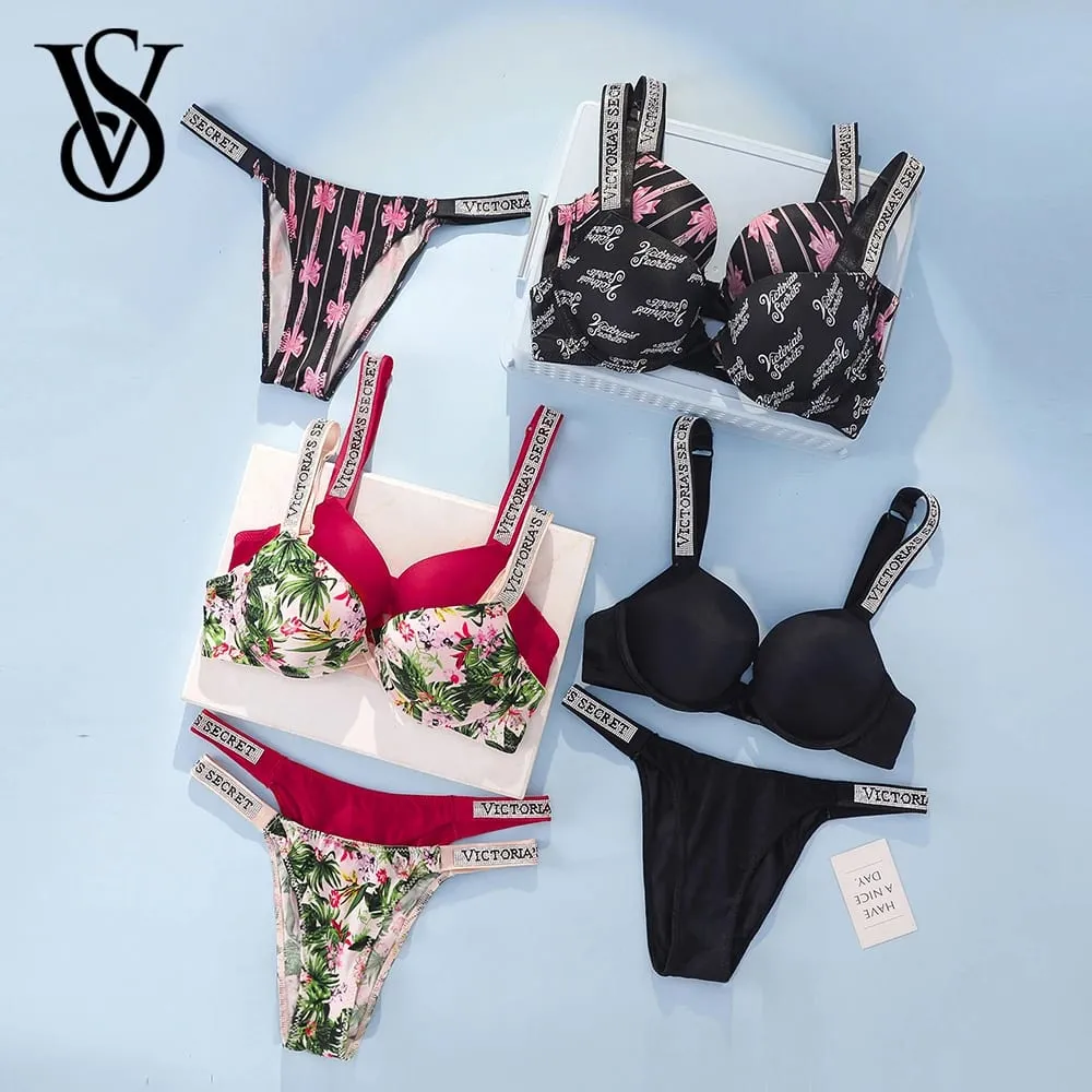 Victoria s Secret Rhinestone Logo Shoulder Straps Lace Underwear Sexy Lingerie Set Push Up Bra And Panties Set For Women — image 1