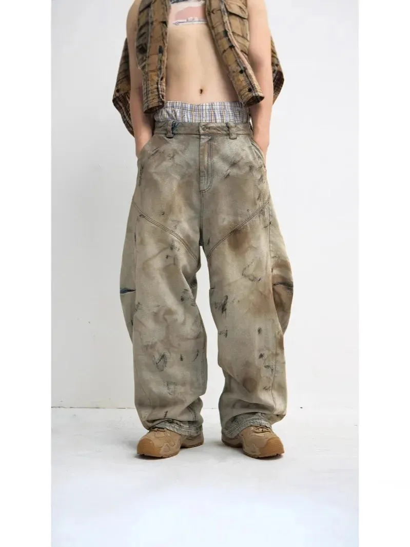 Male Winter American Style Vintage Dirty Men's Jeans 2026 Spring New High Street Design Loose Wide Leg Floor Length Denim Pants — image 4