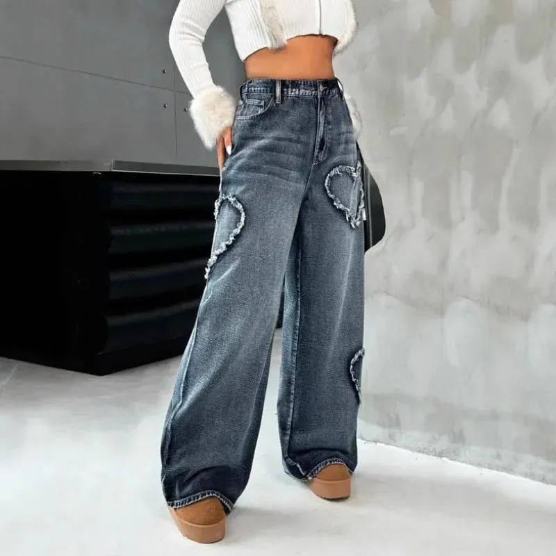 American Retro Frayed Edge Patchwork Heavy Washed Denim Jeans Unisex Street Loose Straight Wide-Leg Trousers 21095
