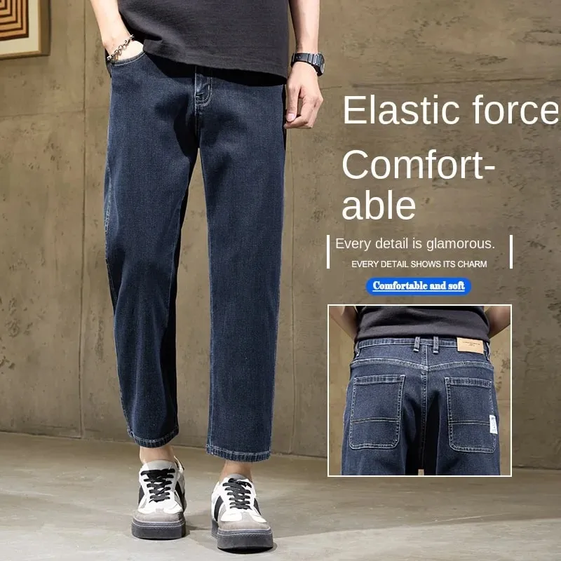 Men's Baggy Straight Leg Jeans Casual Stretch Denim 9-Length Comfortable Loose Trousers Spring Autumn Versatile Wide-Leg Pants