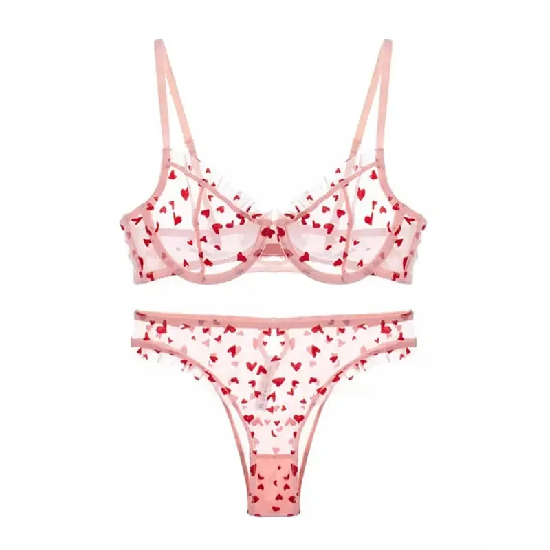 French Heart Print Transparent Lingerie Set Ultra Thin Underwire Bra Lace Sexy Push Up Gathering Small Breast Boost Hot Selling