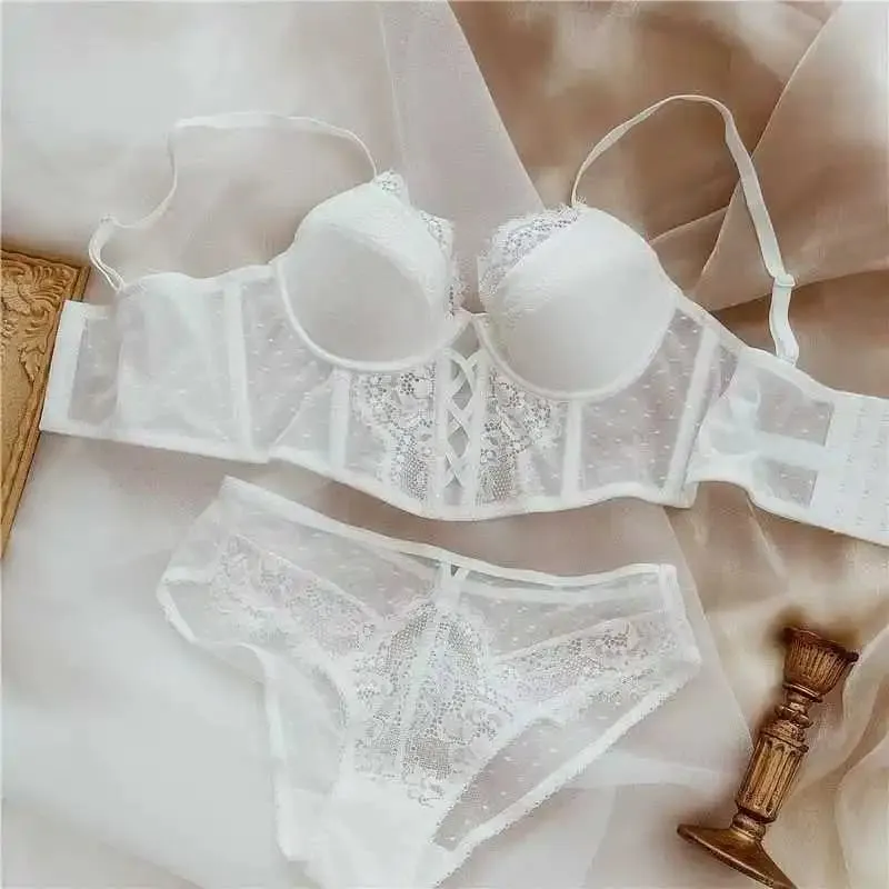 French Lace Push Up Underwear Set Mulher Thin Underwire Bra Sheer Ruched Chemise Soft Petite Small Bust S-XL Petite Elegance