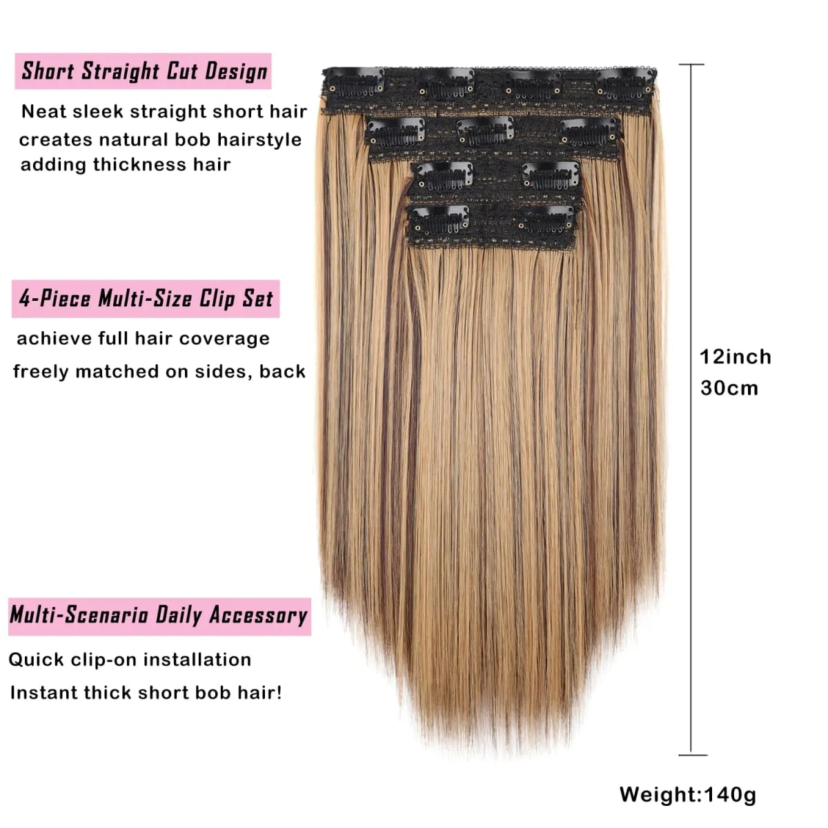 12 Inch Straight Clip In Hair Extensions 4Pcs/set Full Head Short Synthetic Highlight Hair Extensions For Women