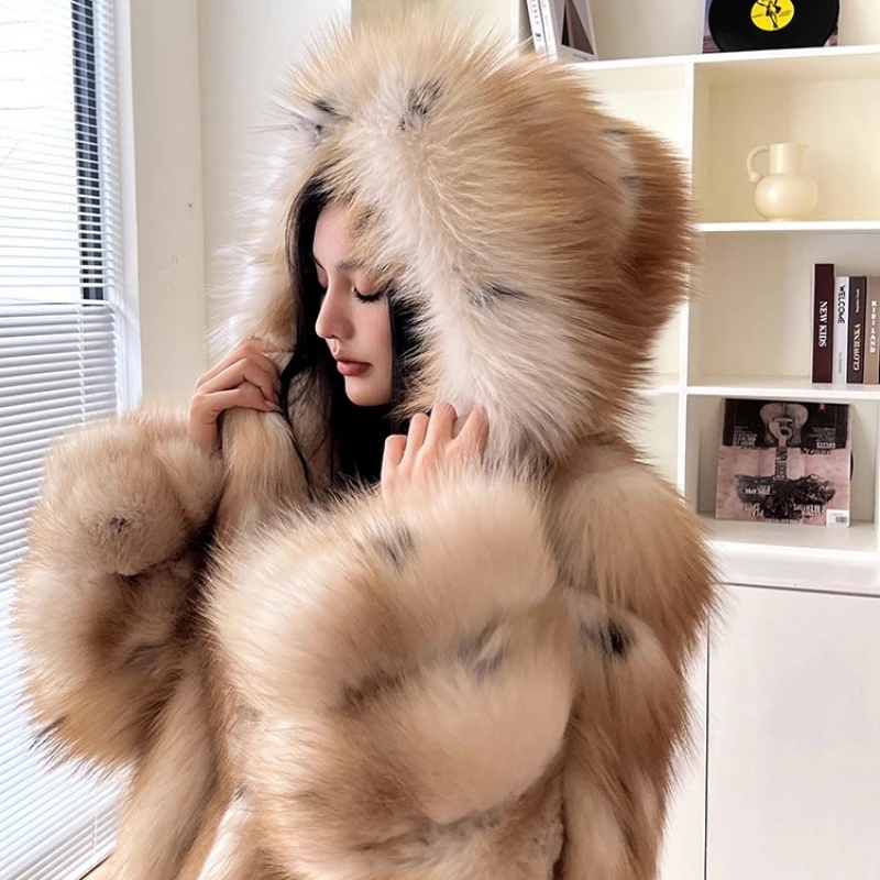 autumn and winter Imported whole fox fur Thickened New hooded long-sleeve dcommuting style fur coat шуба женская 2025 — image 3