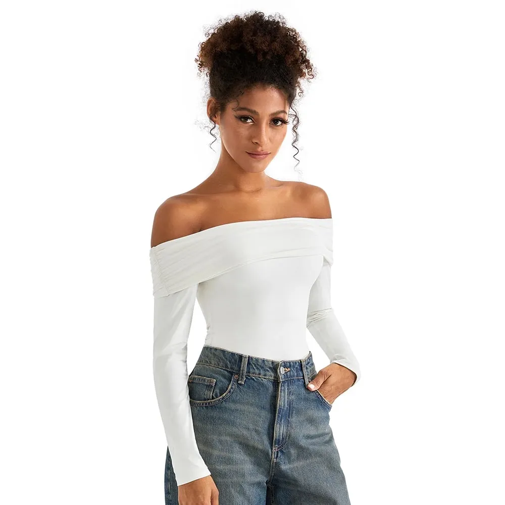 Basic Long Sleeve Bodysuit Blouse for Women Autumn Winter Slim Fit Off Shoulder Bodysuits Streetwear Y2K Bodycon Rompers Femme