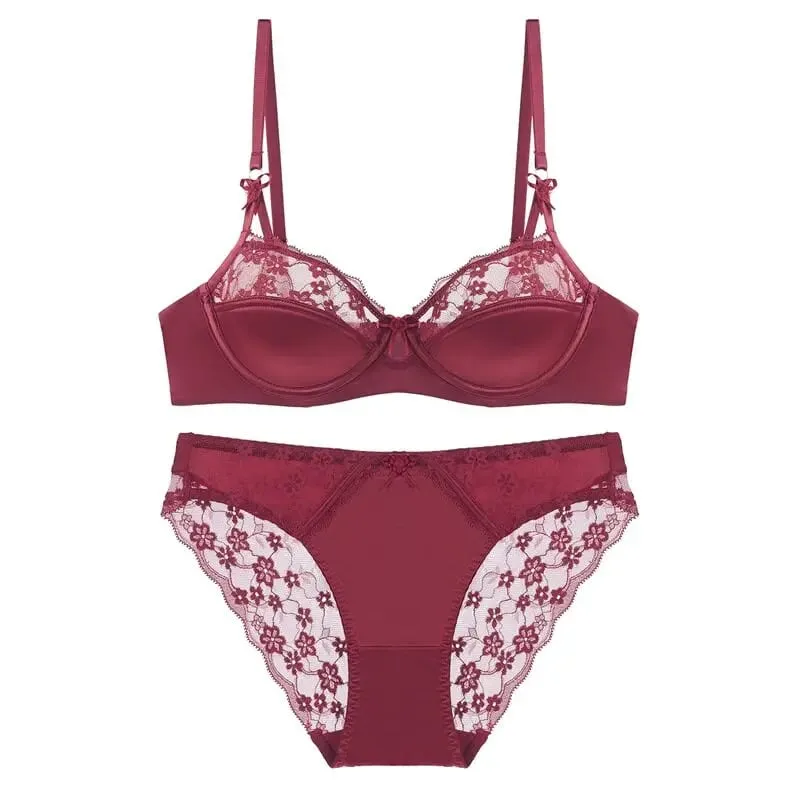 Women Thin French Half Cup Lace Bra Set Minimizer for Big Bust Push Up Anti-Sagging Side Support Comfort Sexy Daily Lingerie Set
