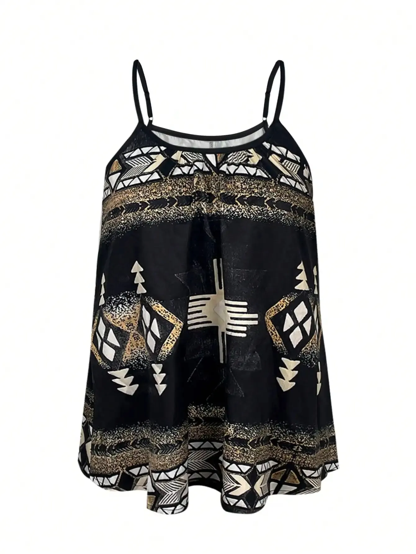 Womens Boho Print Spaghetti Strap Cami Top Loose Fit Summer Casual Tank Black And Gold Tribal Pattern