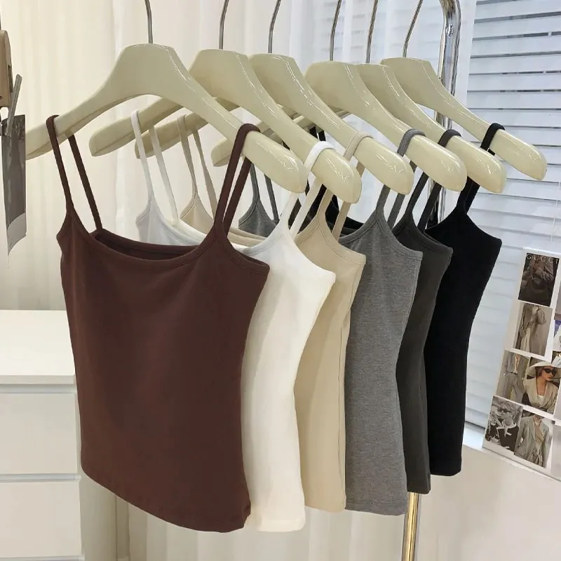1PC Cotton Spaghetti Straps Sleeveless Slim Camisole Women Soft Breathable Vests with Chest Pad Summer Wear Outside Short Tops