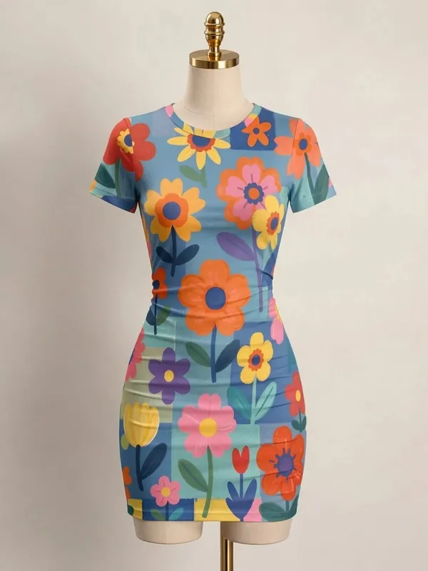 Womens Short Sleeve Bodycon Mini Dress Slim Fit Crew Neck Floral Print Casual Summer Party Cute Elegant Smooth Vacation Sundress — image 14