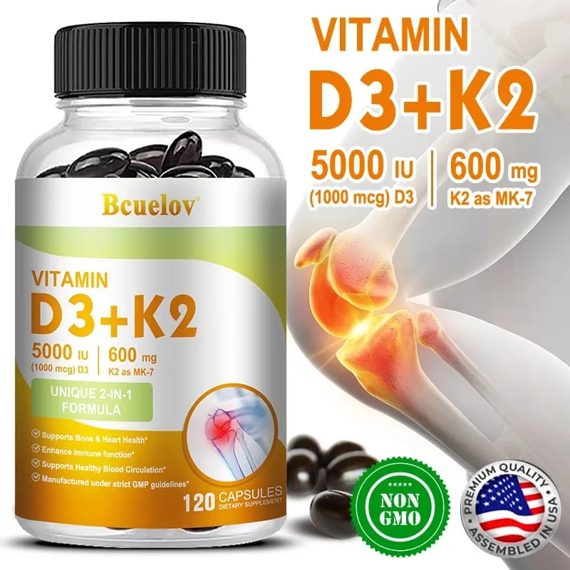 Bcuelov Vitamin D3+K2 5000 IE Vitamin D3 ikke-GMO formel let at sluge vitamin D og K kompleks kosttilskud