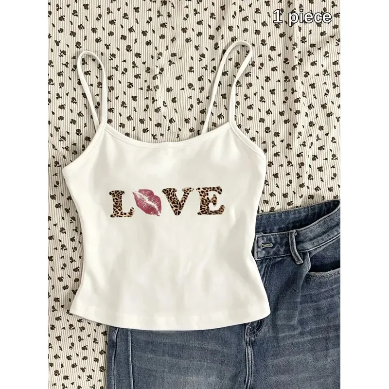 Women Romantic Aesthetic Graphic Cami Top Leopard Love Lip Sleeveless White Spaghetti Strap Crop Tank Vest