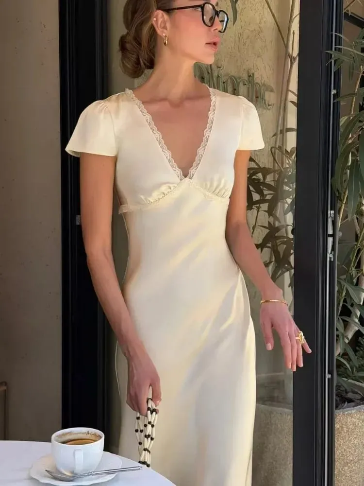 Women Elegant Satin Lace Trim Midi Dress Solid Lace Patchwork Short Sleeve V-neck Summer Dresses 2026 Summer New Holiday Robes — image 1