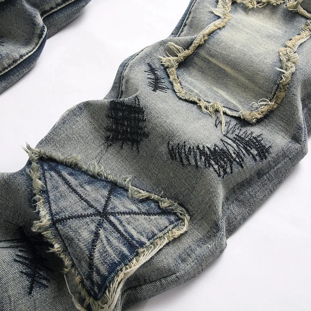 Mænds Boot Cut Jeans Streetwear Patches Frigivet Hem Bukser Vintage Blå Broderi Patchwork Flared Bukser