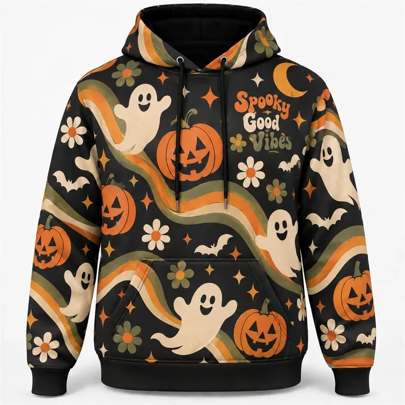 Felpa con cappuccio di Halloween Felpa in poliestere con stampa 3D all over Felpa con cappuccio gotico Fantasma Zucca Pipistrello Strega Teschio Horror Streetwear Pullover unisex