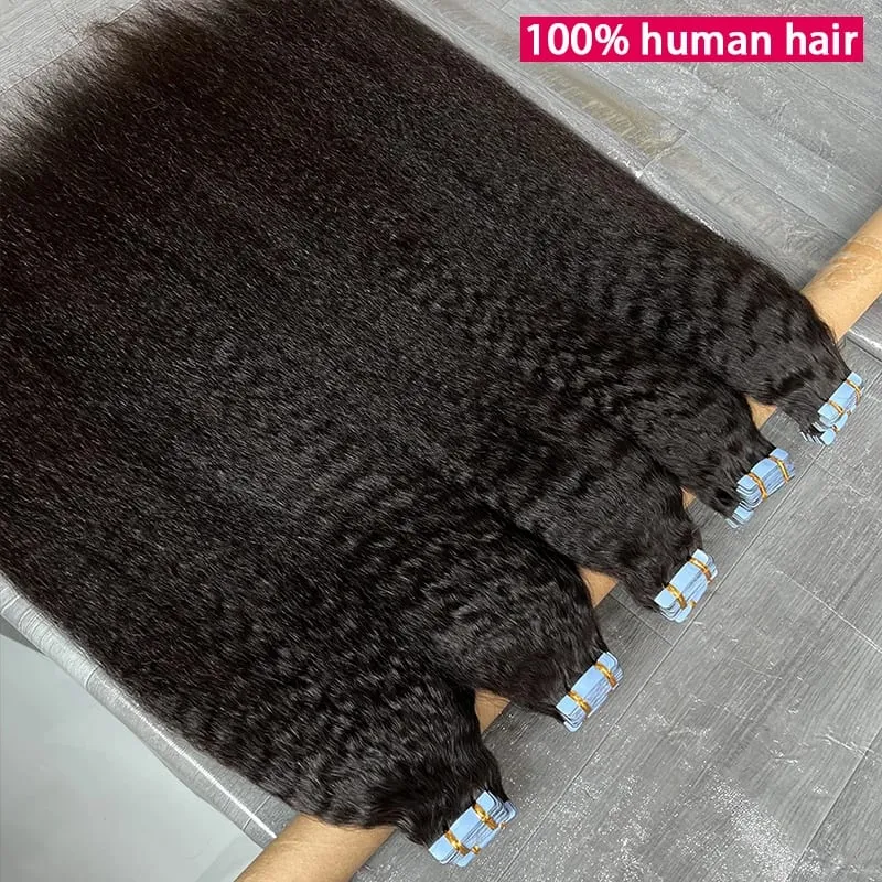 Kinky Straight Invisible Tape In Hair Extensions 100% Raw Virgin Human Hair Adhesive Seamless PU Skin Weft Full Head 40pcs