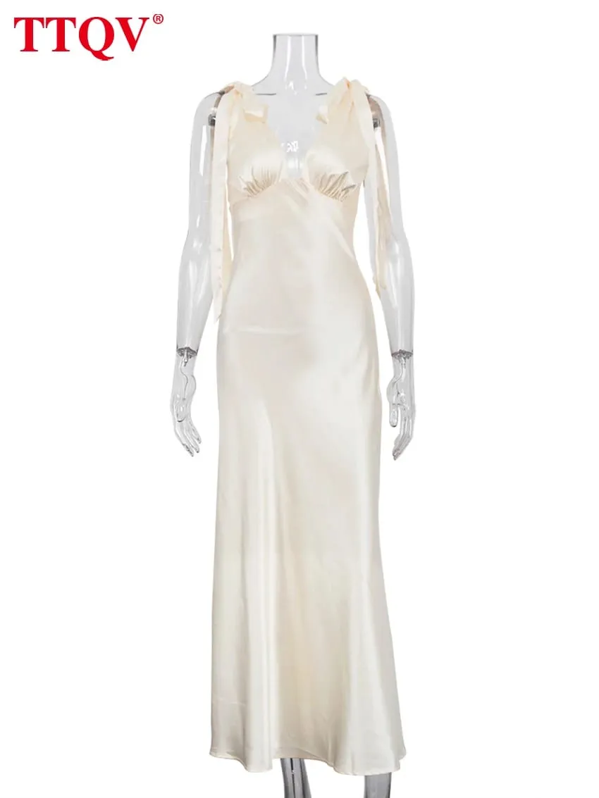 Sexy Loose Yellow Satin Women's Dress 2026 Summer V-Neck Sleeveless Maxi Dresses Elegant Classic Lace-Up Female Dress