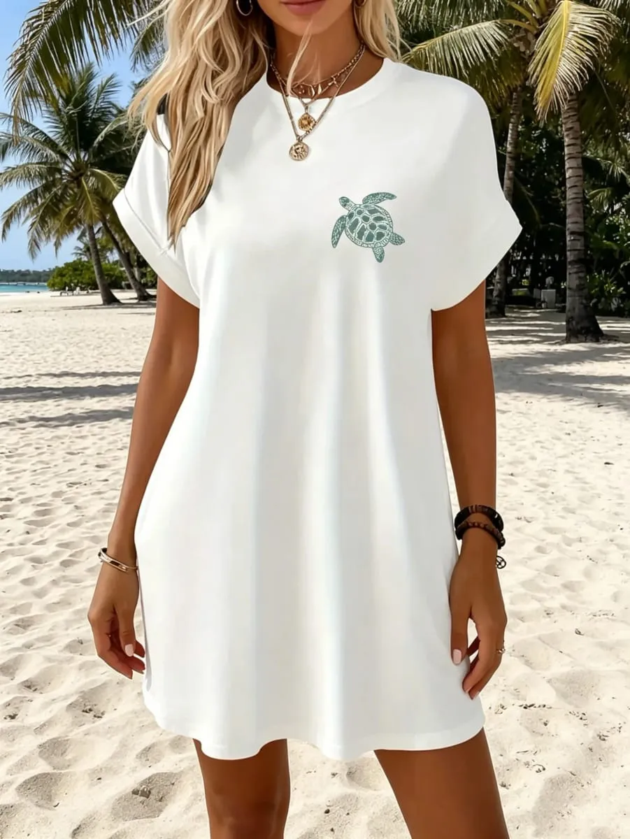 Women's Casual Elegant Green Turtle Print White Solid Color Short Sleeve Dress Short Skirt — image 2