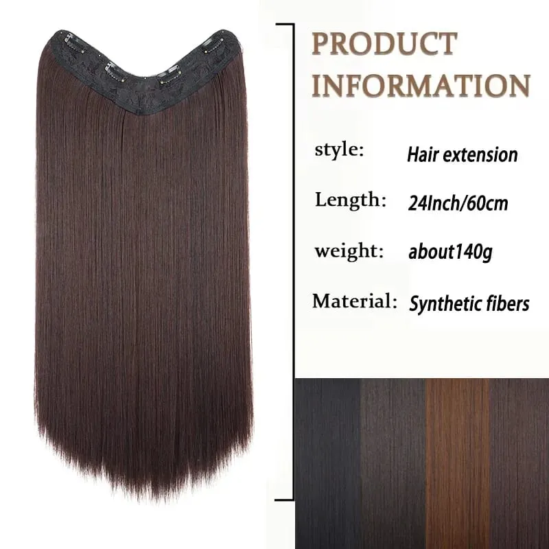 24Inch Synthetic 4-Clip V-Shaped Long Straight Hair Extension One Piece Heat-Resistant Fiber Hairpiece for Women Daily Use — image 3