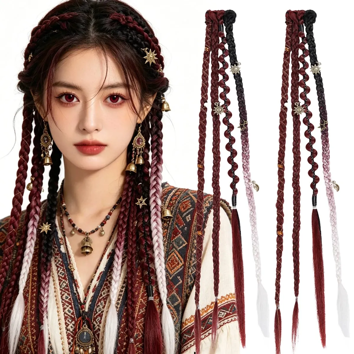 Boho Ombre Burgundy Braided Ponytail Hair Extensions Synthetic Braids With Bohemian Viking Hair Pieces For Women Carnival Party — image 2