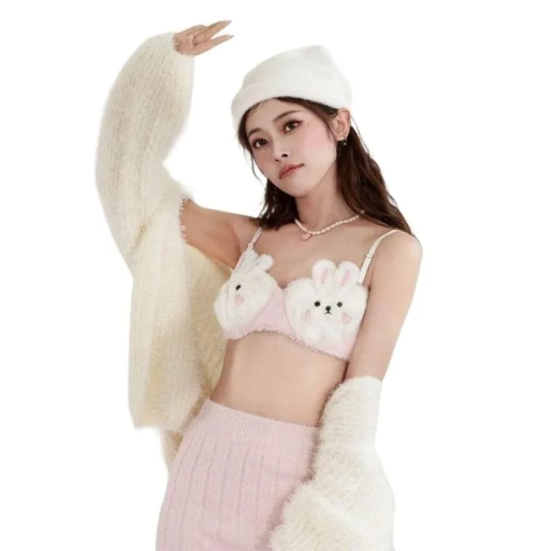 400A Women's Faux Furs Bra Top and Panty Set Cartoon Bear Underwear Set Soft Plush Lingerie Set Anime Cosplay Costumes Gifts