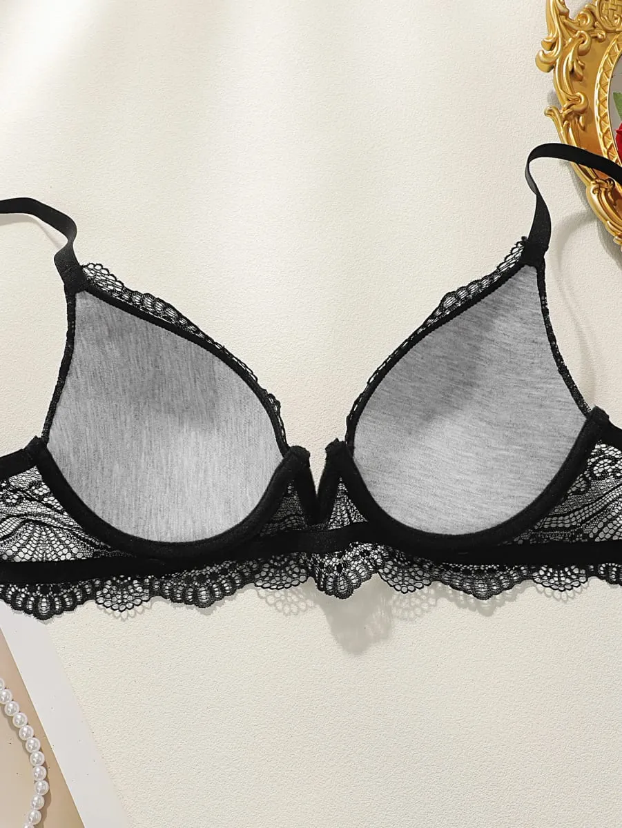 Ladies' elegant perspective deep V-ring bra with full coverage and lifting semi lace texture pure black low cut underwear L093 — image 4