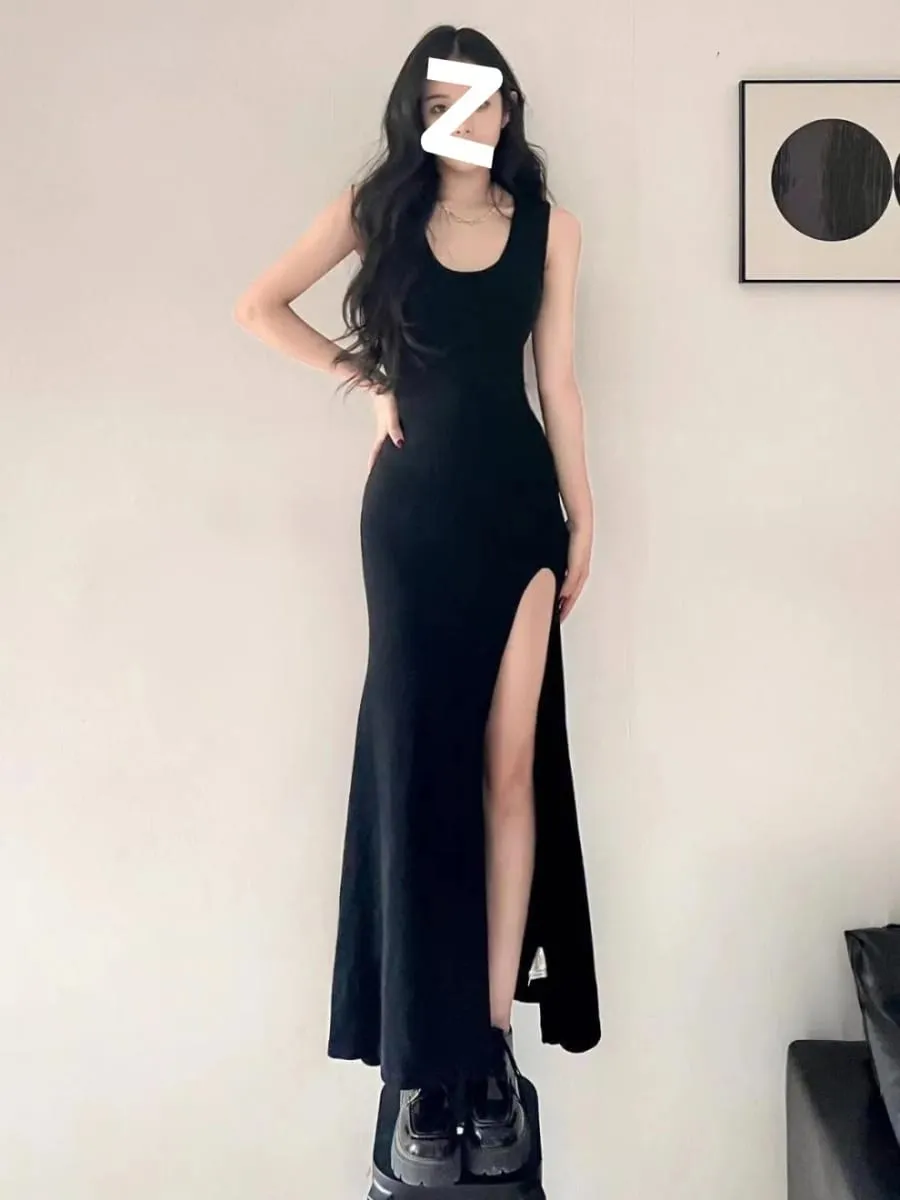 Summer New Black Queen Style Sexy Strap Dress for Women's Clothing Design Slim fit Split Hip hugging Long Skirt