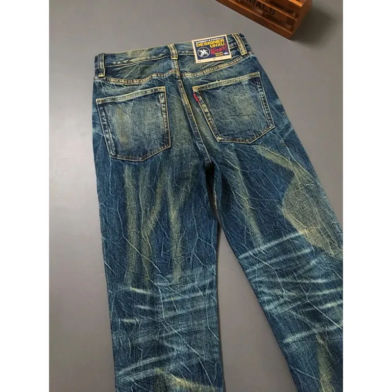 Heavy duty denim pants for men nostalgic trend 2025 new style distressed washed loose straight leg scratch jeans