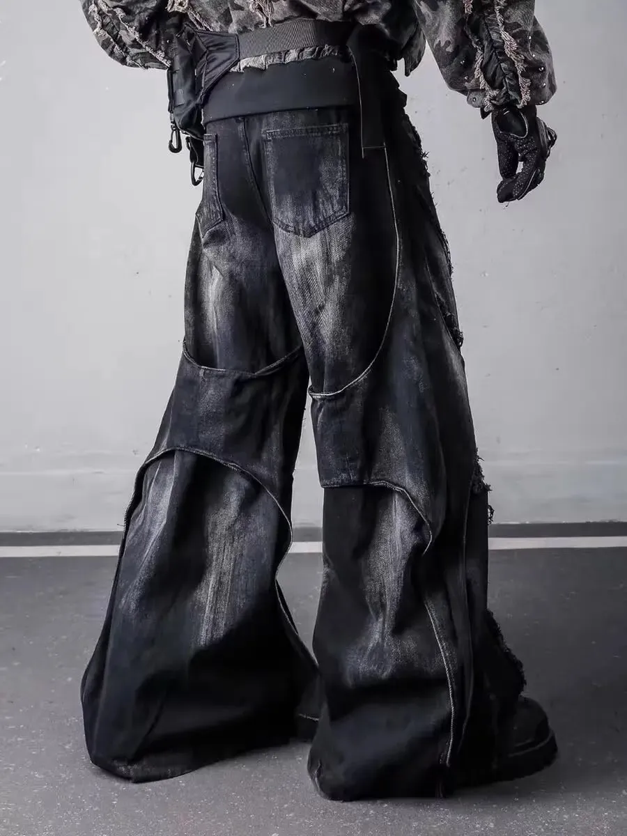 Men's Y2k Baggy Flare Jeans Harajuku Japanese 2000s Style Patchwork Denim Trouser Vintage Oversize Cargo Jeans Pants Clothes