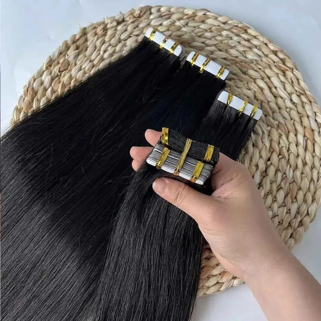 100% Human Hair Tape In Extensions 20 Inch Invisible Seamless PU Skin Weft No Weft Raw Hair Extensions Natural Black Color Adhesive Tape Ins Hair Extension For Women