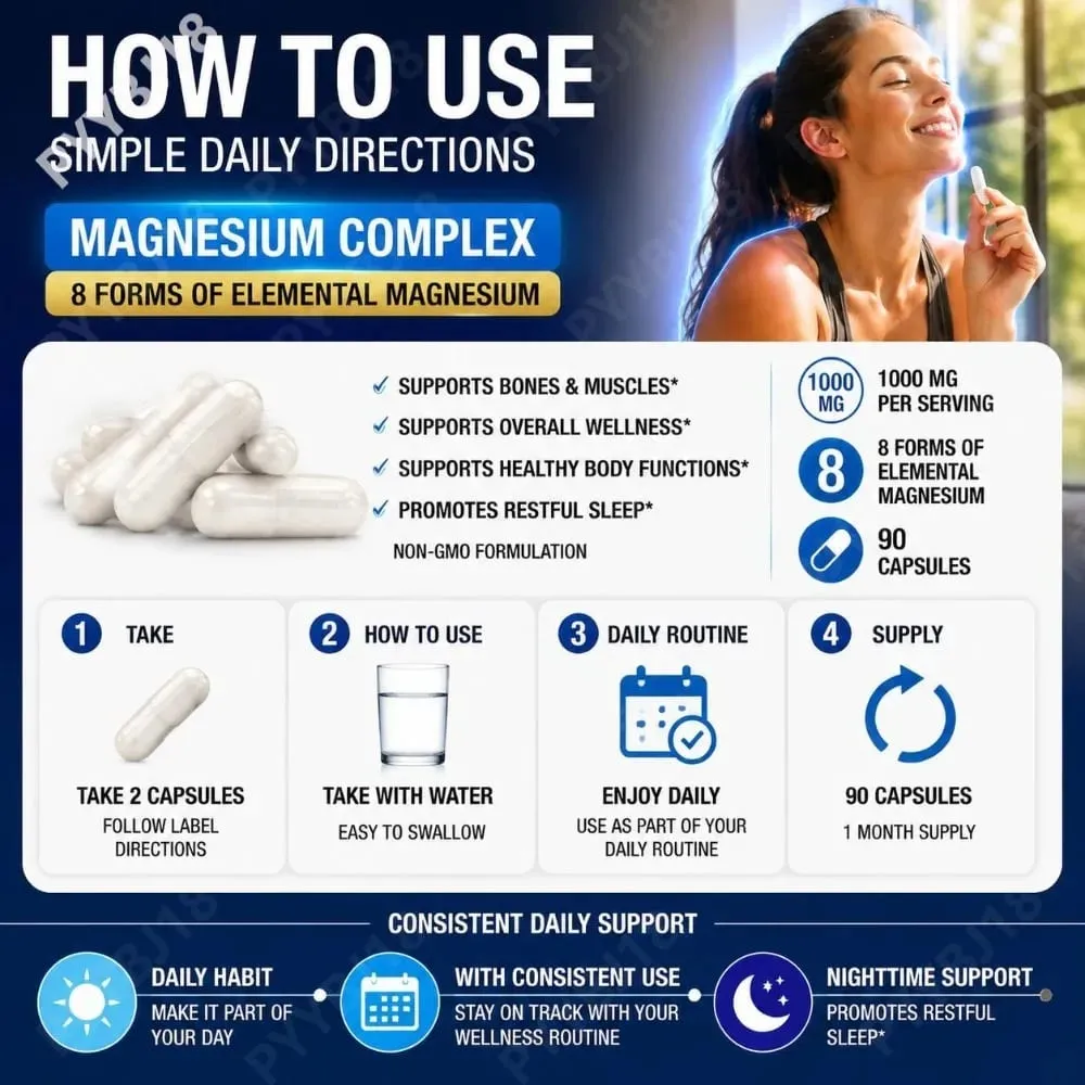 Magnesium Complex Capsules with 8 Forms of Magnesium Mineral Supplement for Bone & Muscle Support & Restful Sleep 90 Capsules