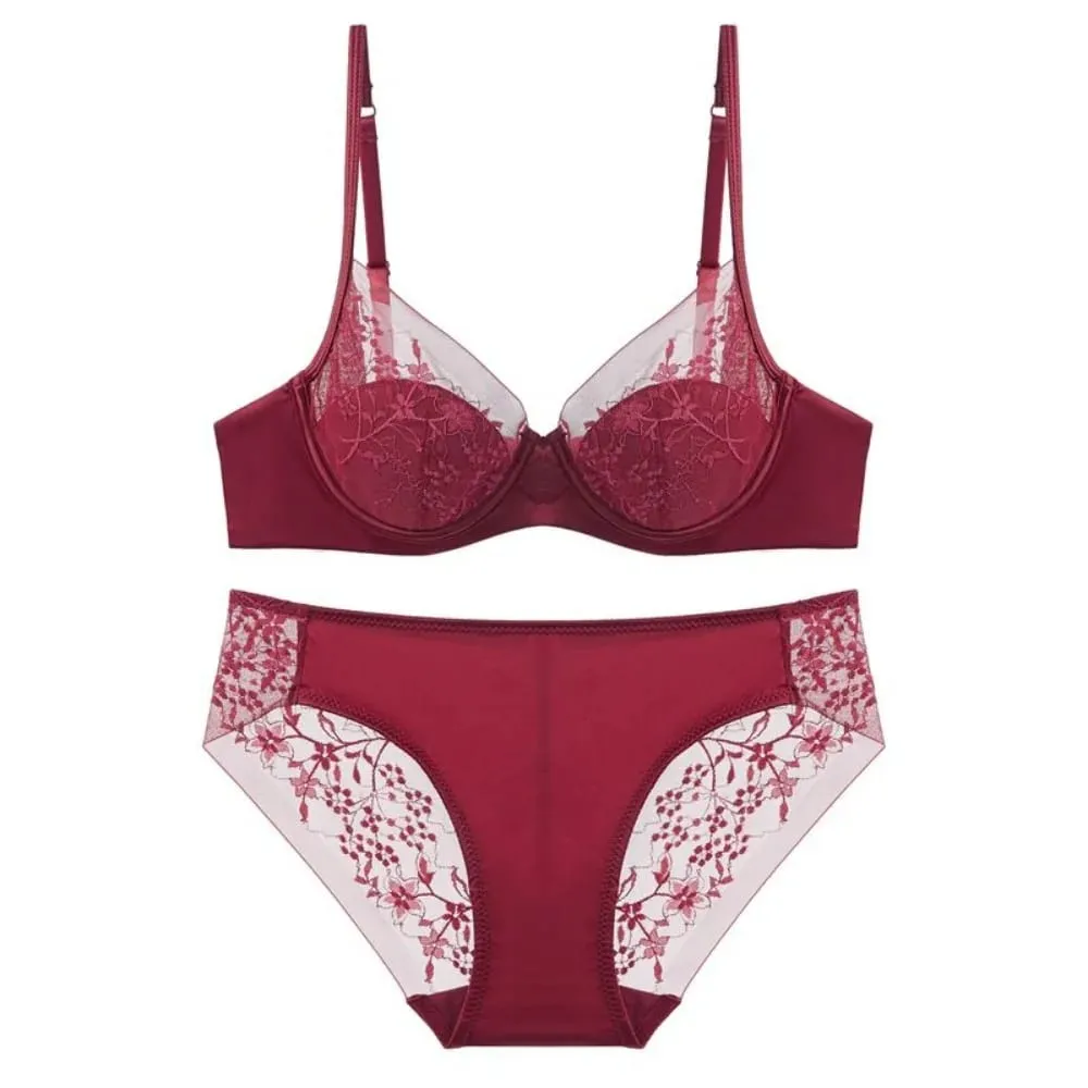 Women Lace Lingerie Set Thin Cup Minimizer Bra Panty Kit Full Coverage Breathable Intimates for Big BustFashion Daily Underwear