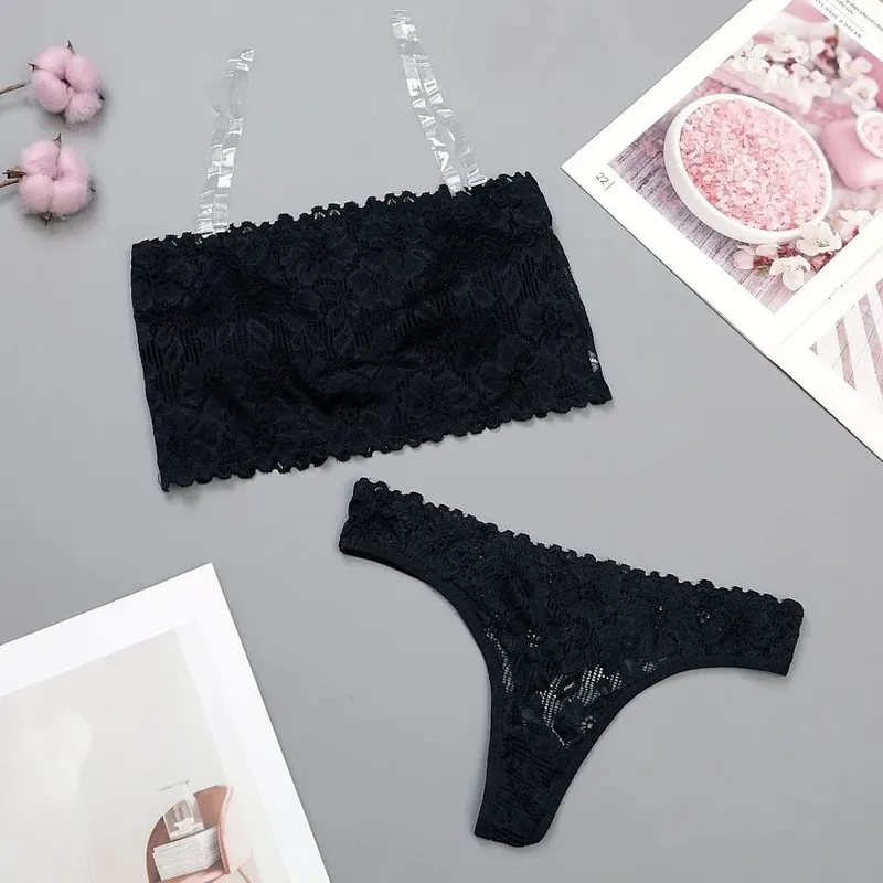 Lace Sheer Flower Thong Bra Set Embroidery Invisible Straps Floral Panties Bra Kit Hollow Lingerie Underwear for Women Women