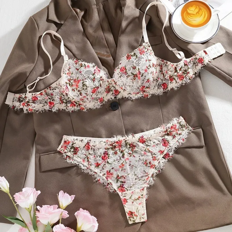 Ultra Thin Unlined Floral Lace Bra Brief Sets Underwear with Steel Ring See Through Sexy Lingerie Women Brassiere Summer